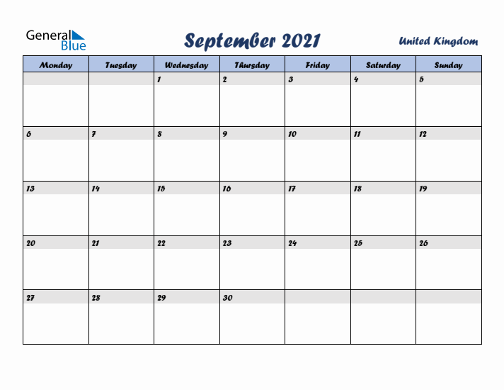 September 2021 Calendar with Holidays in United Kingdom