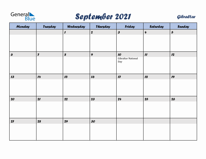 September 2021 Calendar with Holidays in Gibraltar