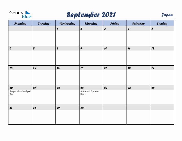 September 2021 Calendar with Holidays in Japan