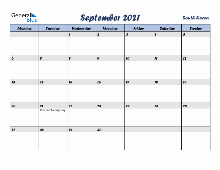 September 2021 Calendar with Holidays in South Korea