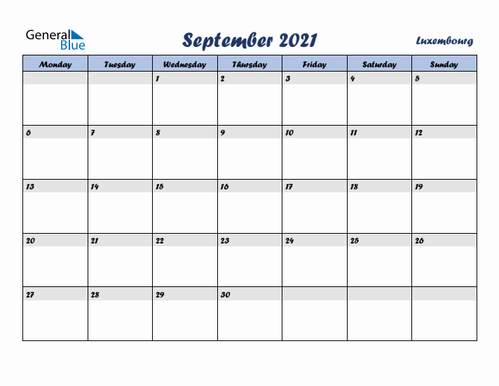 September 2021 Calendar with Holidays in Luxembourg