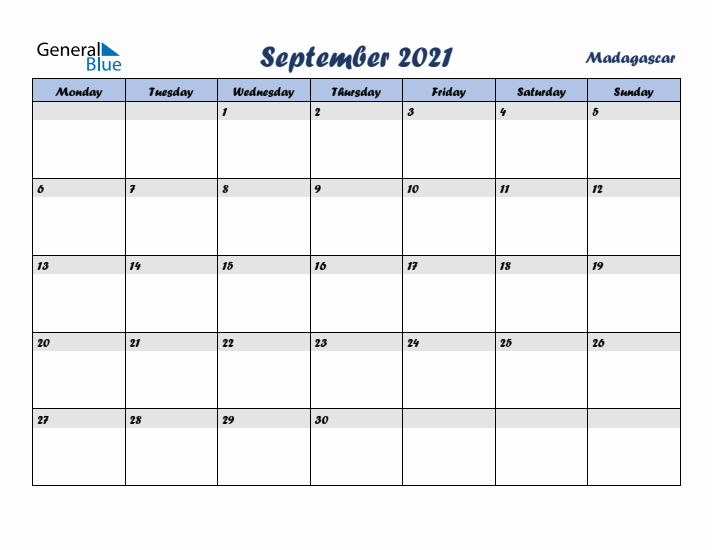 September 2021 Calendar with Holidays in Madagascar