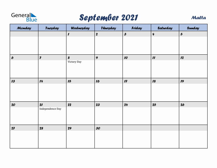 September 2021 Calendar with Holidays in Malta