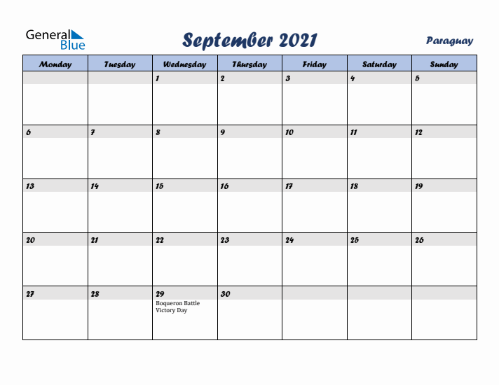 September 2021 Calendar with Holidays in Paraguay