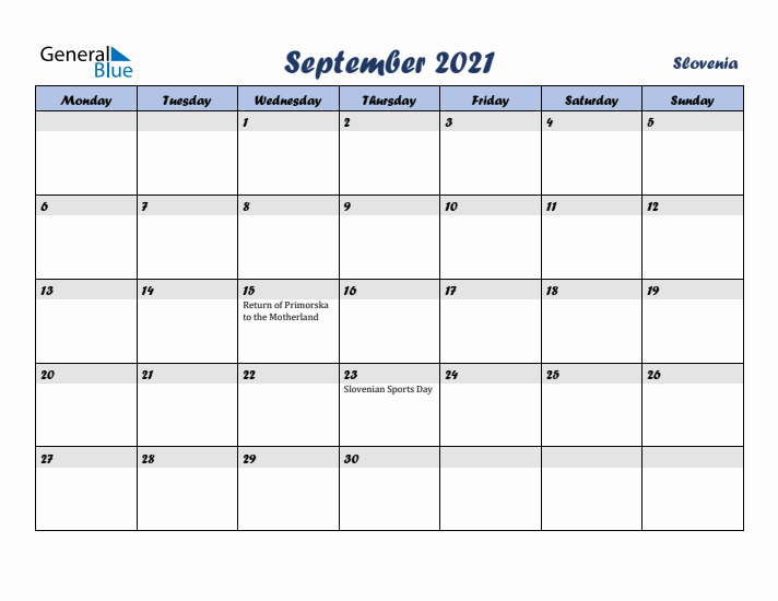 September 2021 Calendar with Holidays in Slovenia