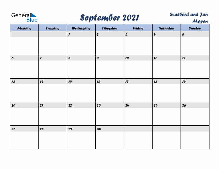 September 2021 Calendar with Holidays in Svalbard and Jan Mayen