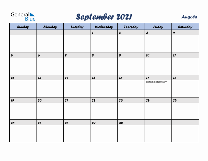 September 2021 Calendar with Holidays in Angola