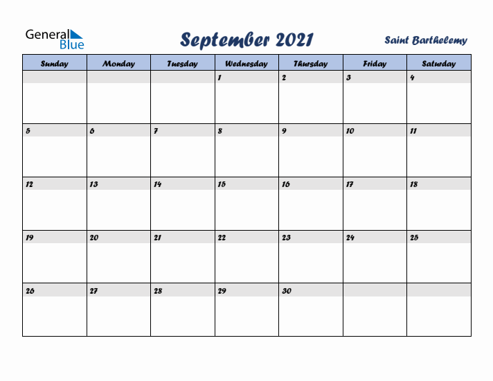 September 2021 Calendar with Holidays in Saint Barthelemy