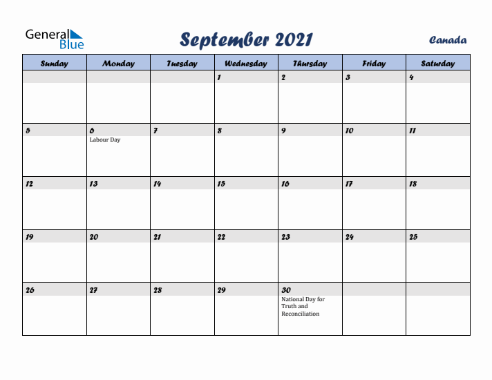 September 2021 Calendar with Holidays in Canada