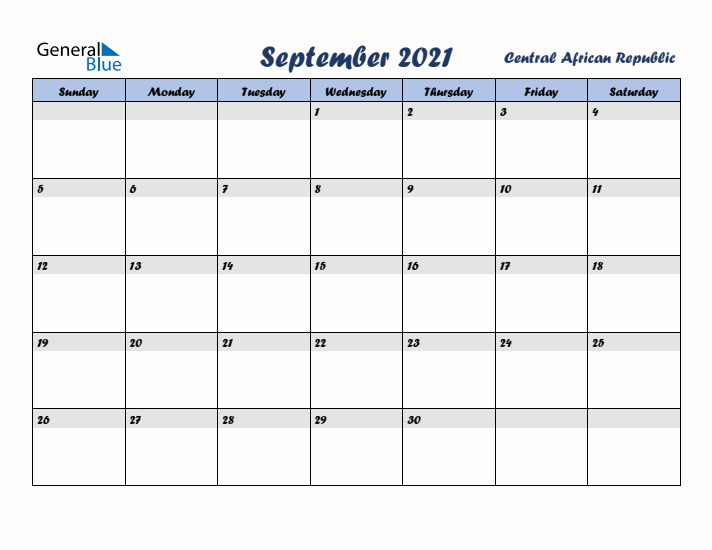 September 2021 Calendar with Holidays in Central African Republic