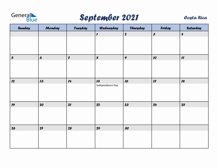 September 2021 Calendar with Holidays in Costa Rica