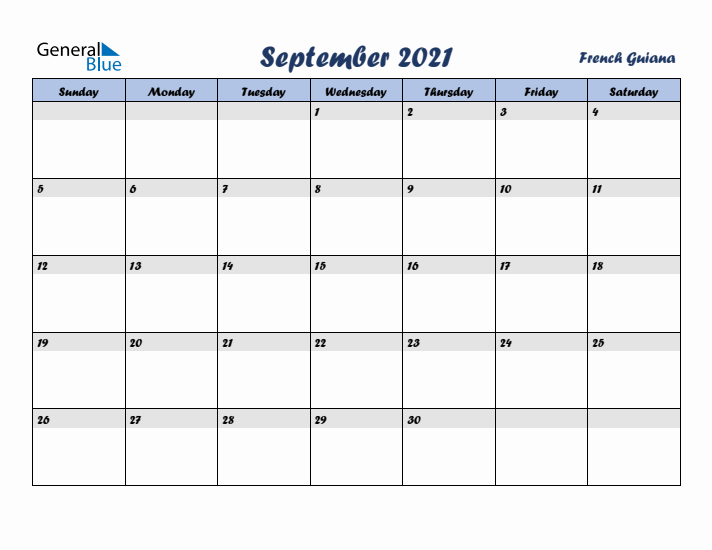 September 2021 Calendar with Holidays in French Guiana