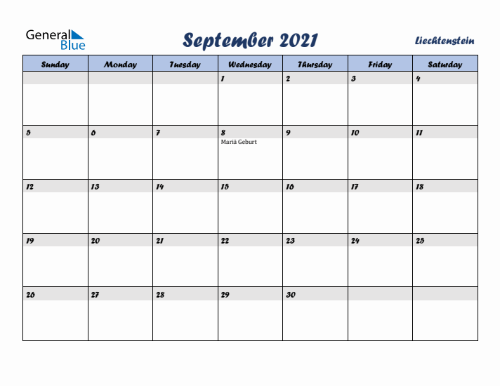 September 2021 Calendar with Holidays in Liechtenstein