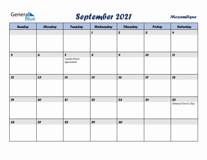 September 2021 Calendar with Holidays in Mozambique