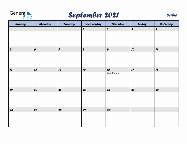 September 2021 Calendar with Holidays in Serbia