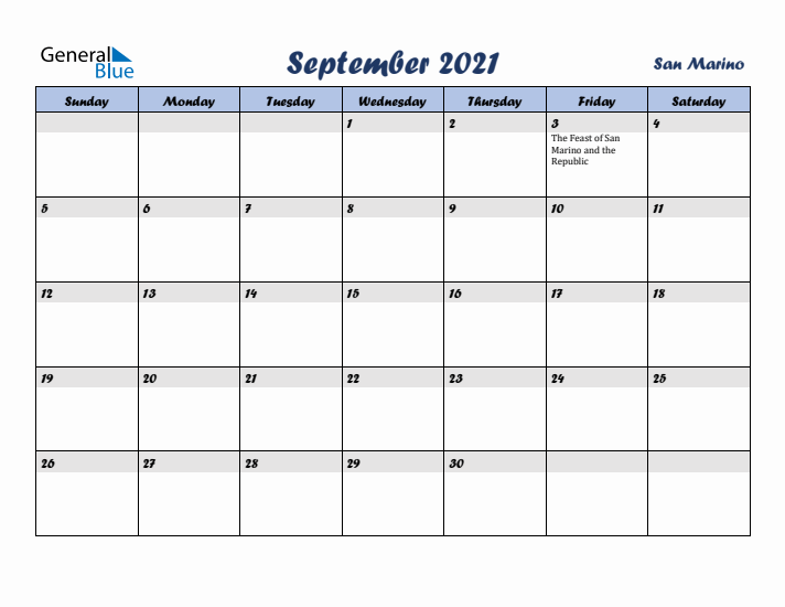 September 2021 Calendar with Holidays in San Marino