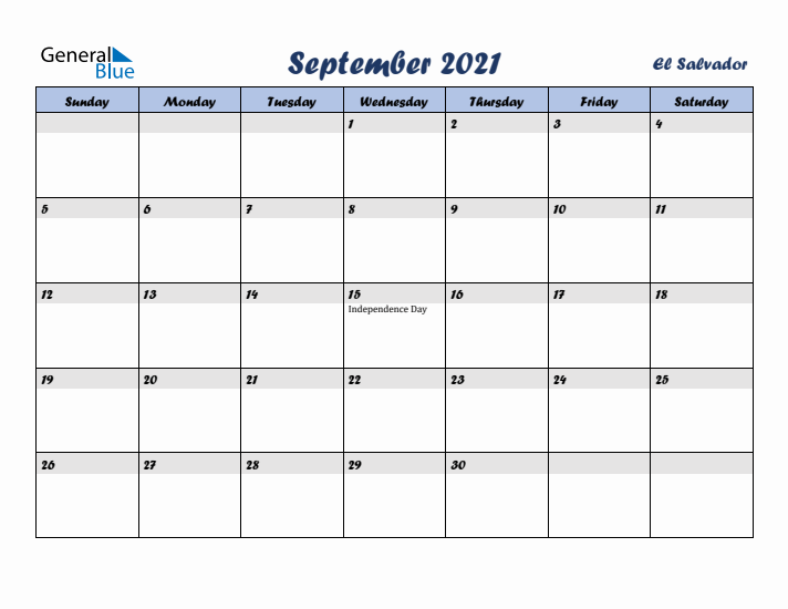 September 2021 Calendar with Holidays in El Salvador