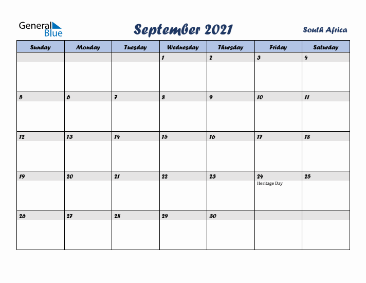 September 2021 Calendar with Holidays in South Africa