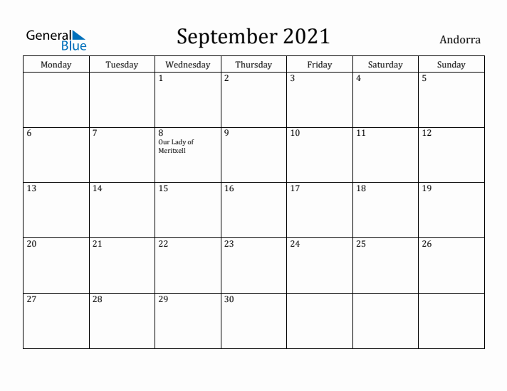 September 2021 Calendar Andorra