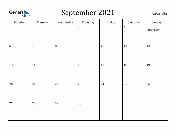 September 2021 Calendar Australia