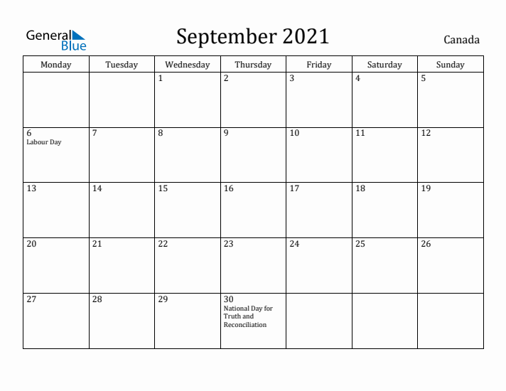 September 2021 Calendar Canada