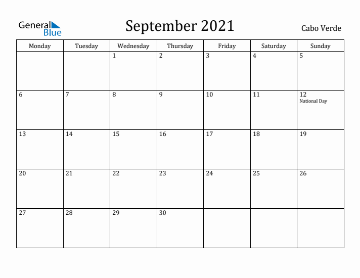 September 2021 Calendar Cabo Verde