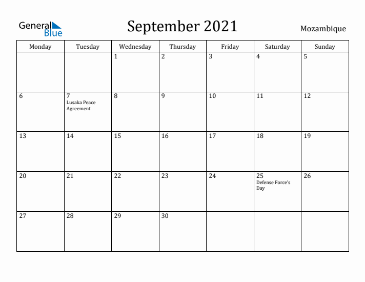 September 2021 Calendar Mozambique