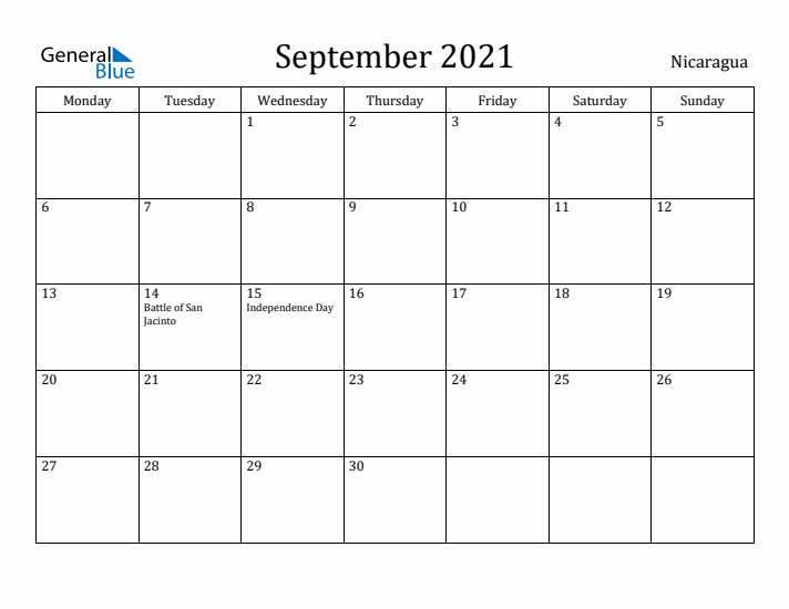 September 2021 Calendar Nicaragua