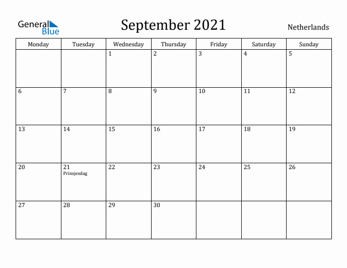 September 2021 Calendar The Netherlands