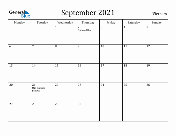 September 2021 Calendar Vietnam