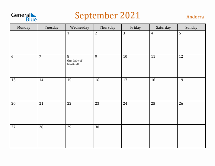 September 2021 Holiday Calendar with Monday Start