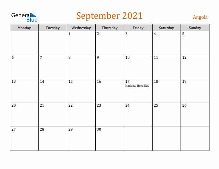 September 2021 Holiday Calendar with Monday Start