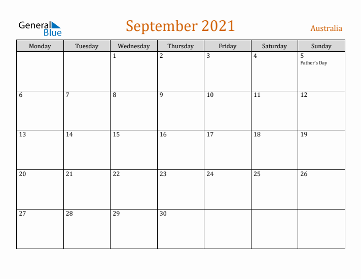 September 2021 Holiday Calendar with Monday Start