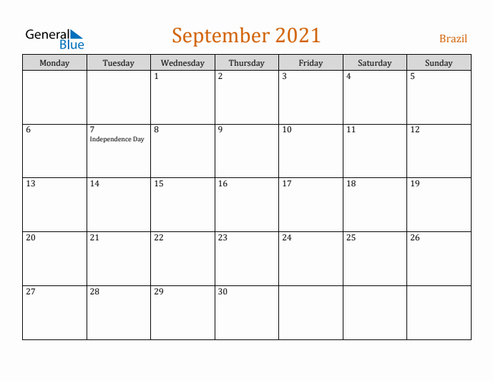 September 2021 Holiday Calendar with Monday Start