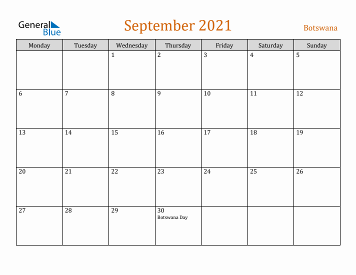 September 2021 Holiday Calendar with Monday Start