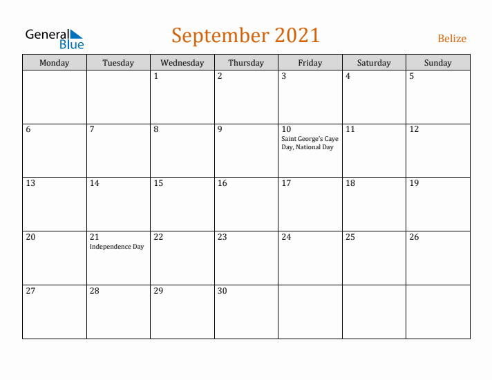 September 2021 Holiday Calendar with Monday Start