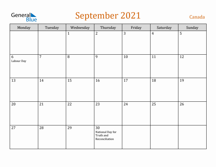 September 2021 Holiday Calendar with Monday Start