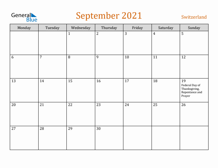 September 2021 Holiday Calendar with Monday Start