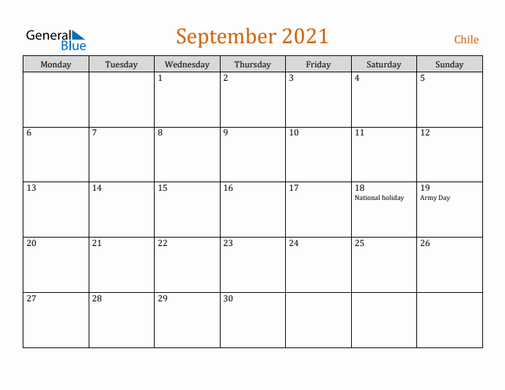 September 2021 Holiday Calendar with Monday Start