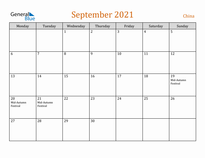 September 2021 Holiday Calendar with Monday Start