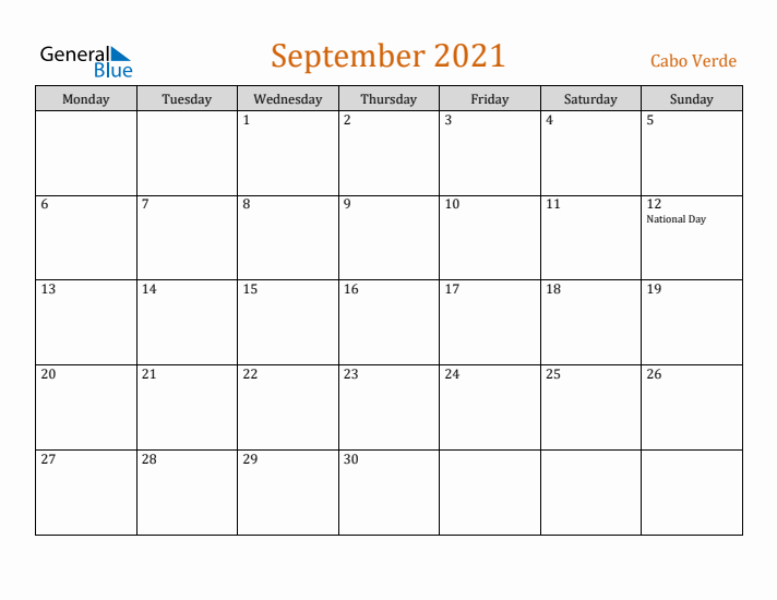 September 2021 Holiday Calendar with Monday Start