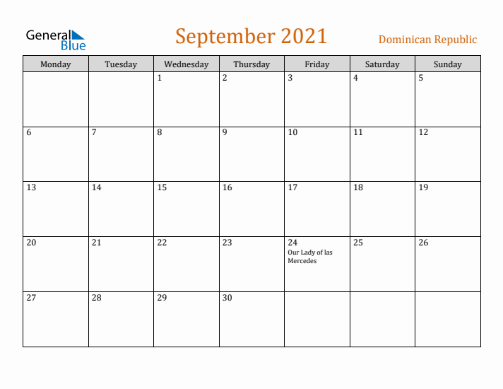 September 2021 Holiday Calendar with Monday Start