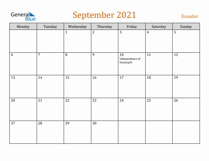 September 2021 Holiday Calendar with Monday Start