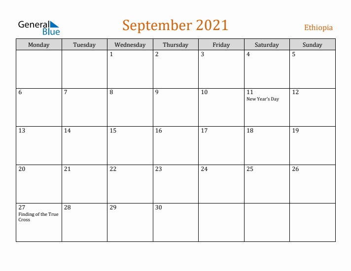 September 2021 Holiday Calendar with Monday Start