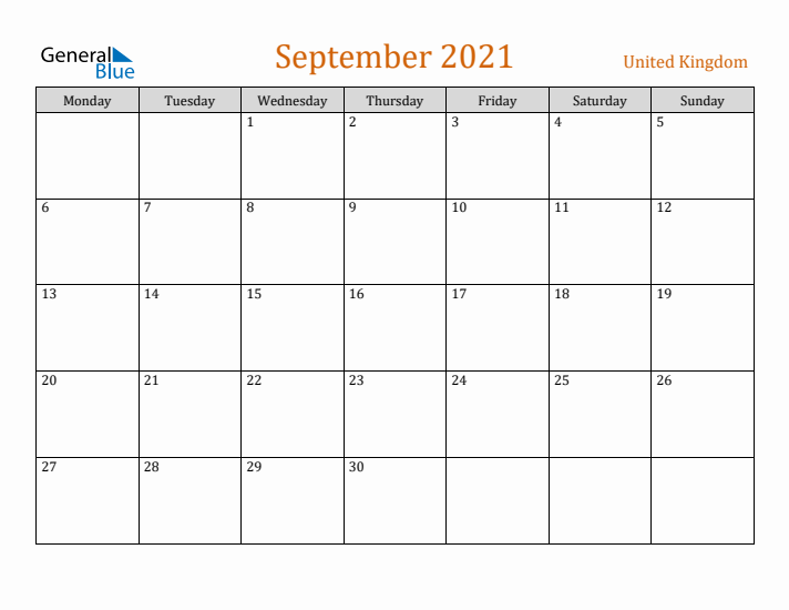 September 2021 Holiday Calendar with Monday Start