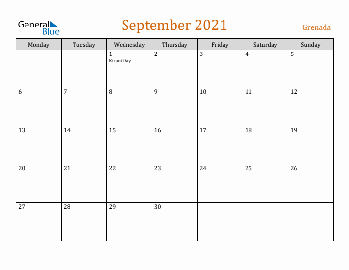 September 2021 Holiday Calendar with Monday Start