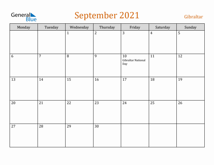 September 2021 Holiday Calendar with Monday Start