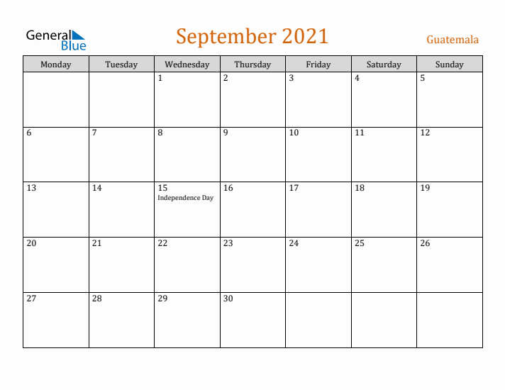 September 2021 Holiday Calendar with Monday Start