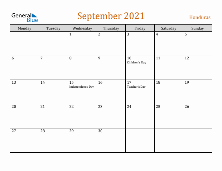 September 2021 Holiday Calendar with Monday Start