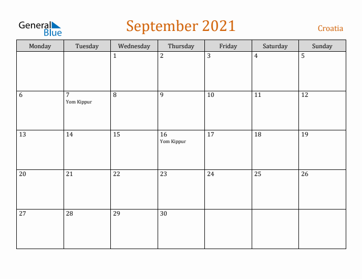 September 2021 Holiday Calendar with Monday Start